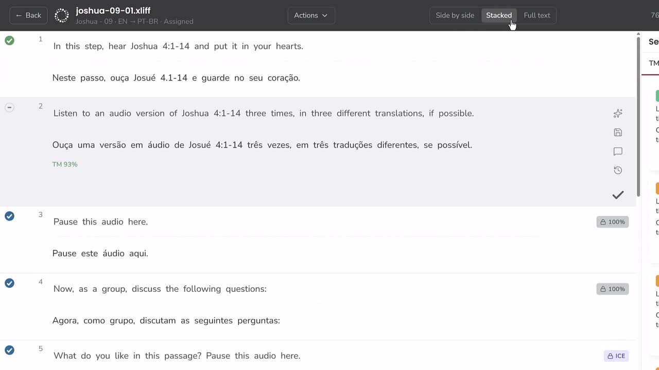 The Emet editor mid-translation, with translation-memory matches listed beside the text.